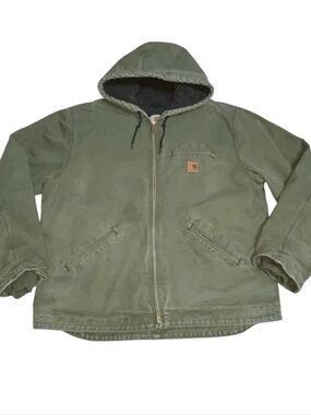Carhartt J141 ARG Full Zip Hooded Work Wear Jacket Mens Sz XL Army Green Sherpa